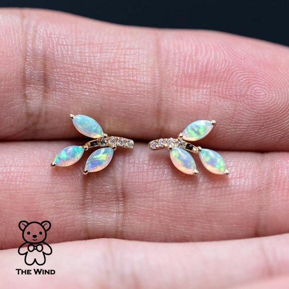 Olive Branch Leaf Design Australian Solid Opal Diamond Stud Earrings 14K Yellow - Picture 4 of 7